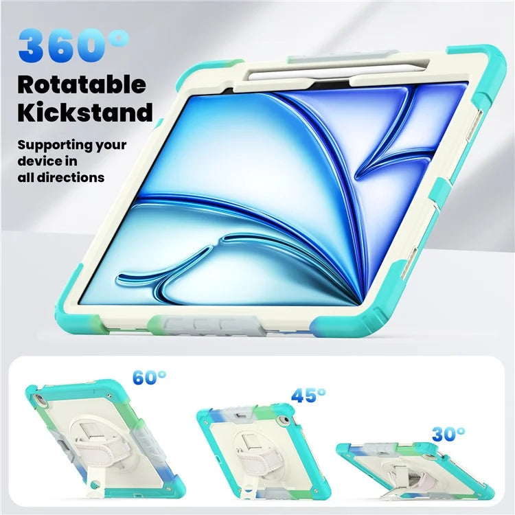 For iPad Air 13 (2024) Case Hand Strap Kickstand PC+Silicone Tablet Cover with PET Screen Film