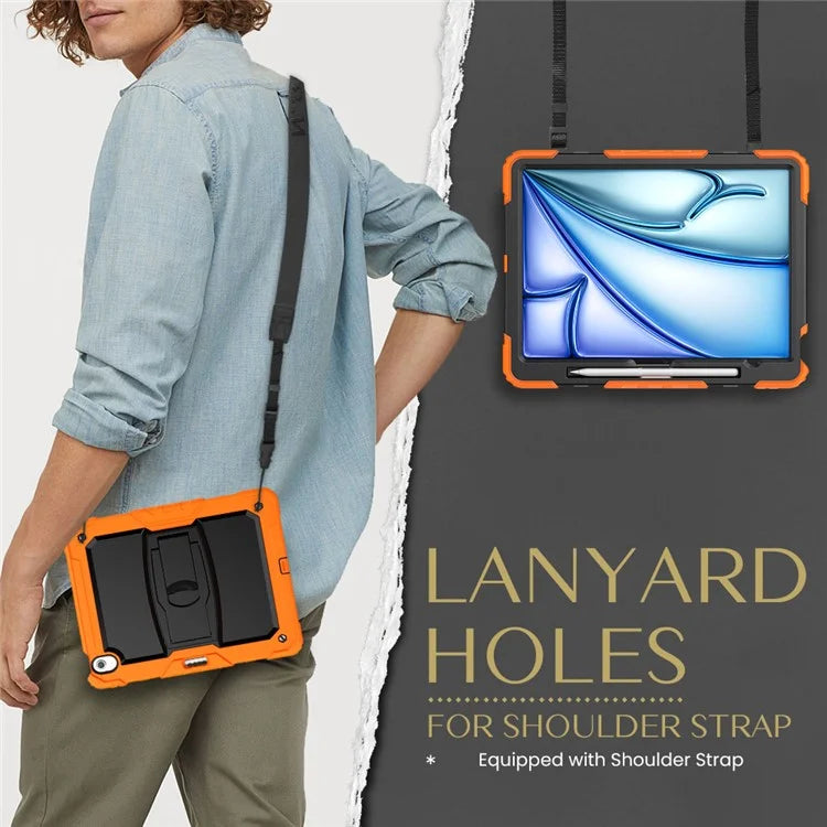 For iPad Air 13 (2024) Case PC+Silicone Kickstand Pen Slot Tablet Cover with Shoulder Strap