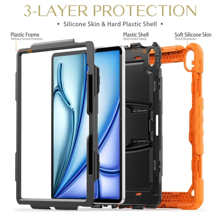 For iPad Air 13 (2024) Case PC+Silicone Kickstand Pen Slot Tablet Cover with Shoulder Strap
