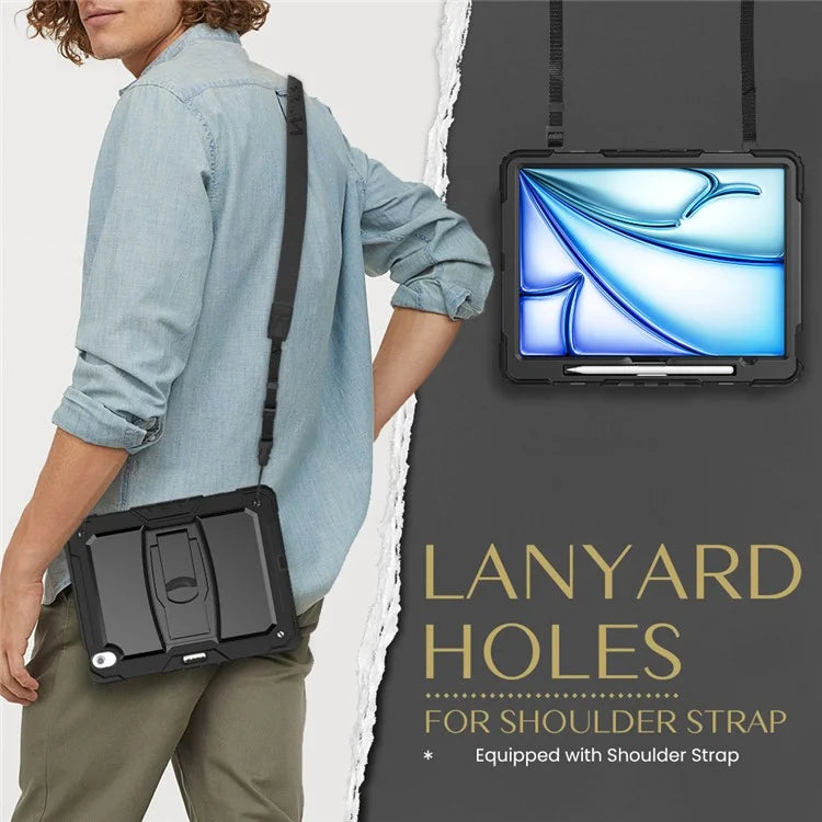 For iPad Air 13 (2024) Case PC+Silicone Kickstand Pen Slot Tablet Cover with Shoulder Strap