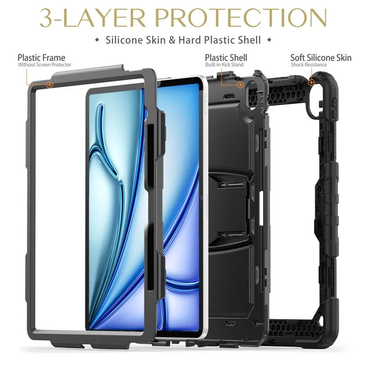 For iPad Air 13 (2024) Case PC+Silicone Kickstand Pen Slot Tablet Cover with Shoulder Strap