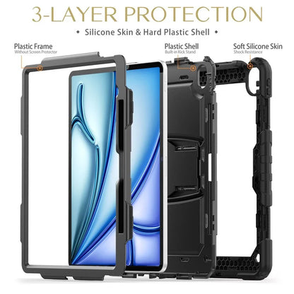 For iPad Air 13 (2024) Case PC+Silicone Kickstand Pen Slot Tablet Cover with Shoulder Strap