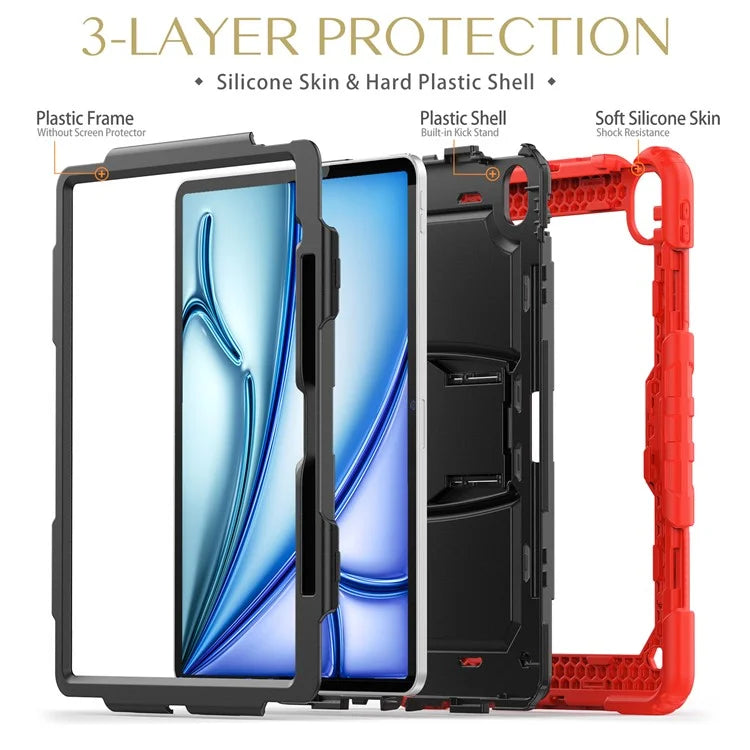 For iPad Air 13 (2024) Case PC+Silicone Kickstand Pen Slot Tablet Cover with Shoulder Strap
