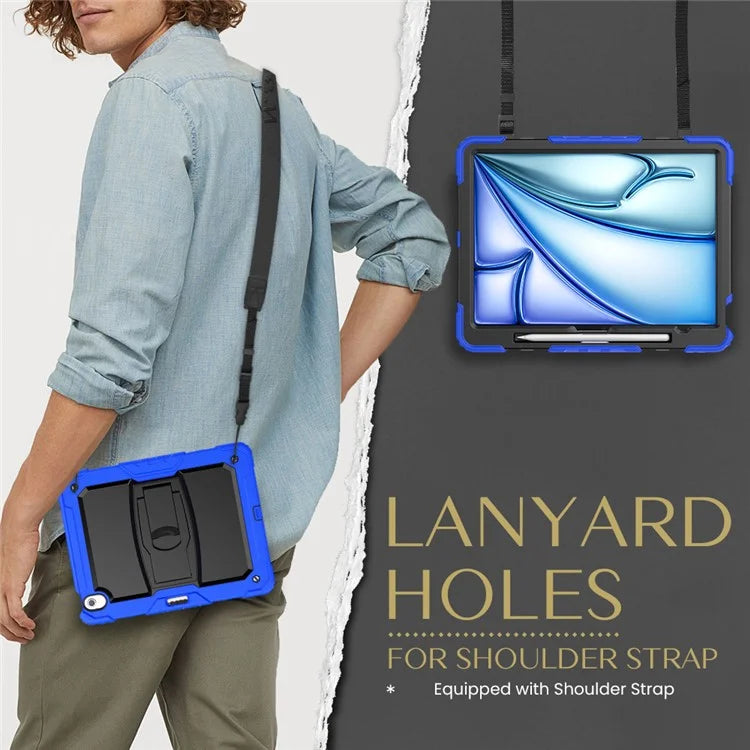 For iPad Air 13 (2024) Case PC+Silicone Kickstand Pen Slot Tablet Cover with Shoulder Strap