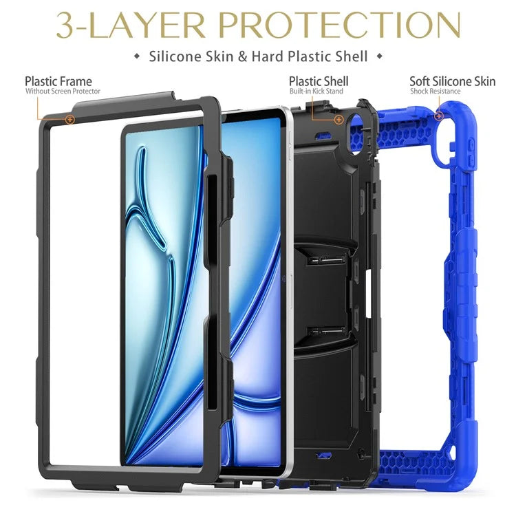 For iPad Air 13 (2024) Case PC+Silicone Kickstand Pen Slot Tablet Cover with Shoulder Strap