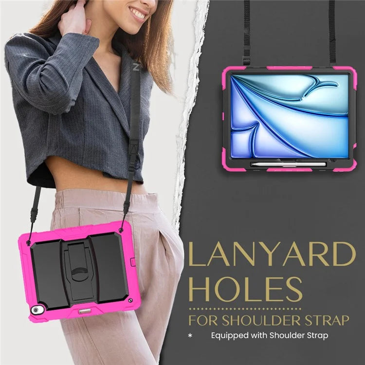 For iPad Air 13 (2024) Case PC+Silicone Kickstand Pen Slot Tablet Cover with Shoulder Strap