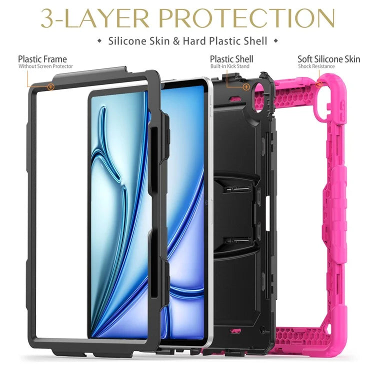 For iPad Air 13 (2024) Case PC+Silicone Kickstand Pen Slot Tablet Cover with Shoulder Strap