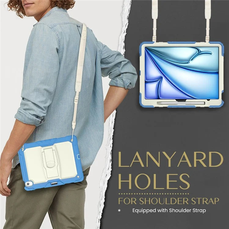For iPad Air 13 (2024) Case PC+Silicone Kickstand Pen Slot Tablet Cover with Shoulder Strap