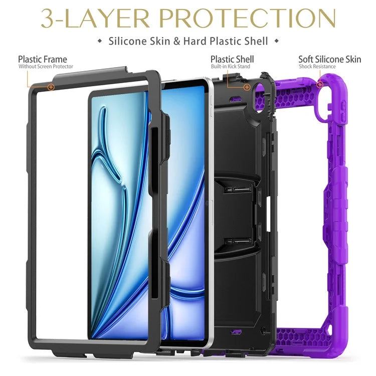 For iPad Air 13 (2024) Case PC+Silicone Kickstand Pen Slot Tablet Cover with Shoulder Strap