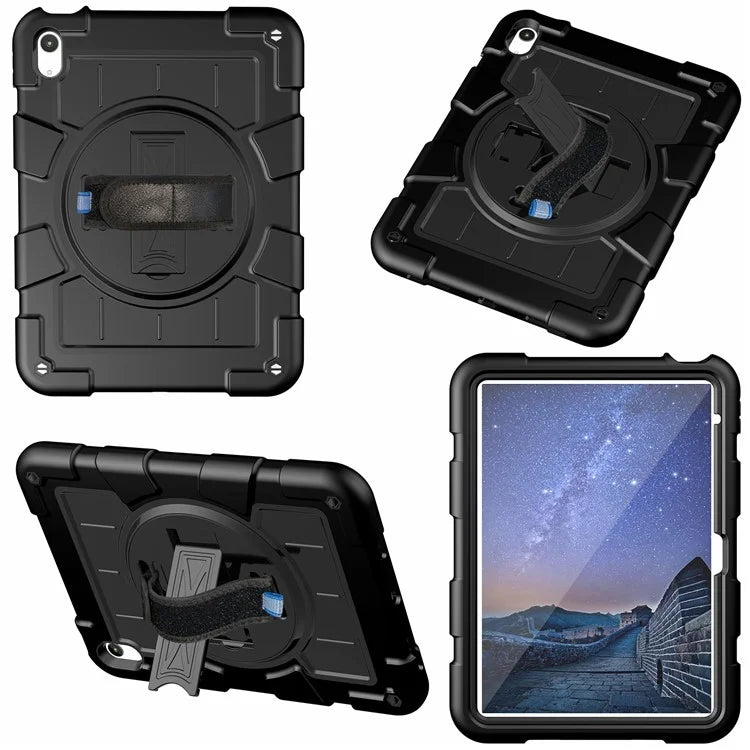 For iPad Air 11 (2024) Kickstand Case Rotating Hand Strap PC+TPU Tablet Cover with Shoulder Strap