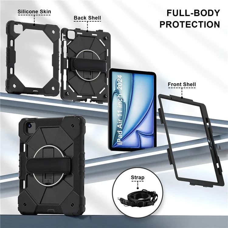 For iPad Air 11 (2024) Case Silicone+PC Kickstand Tablet Cover with Shoulder Strap