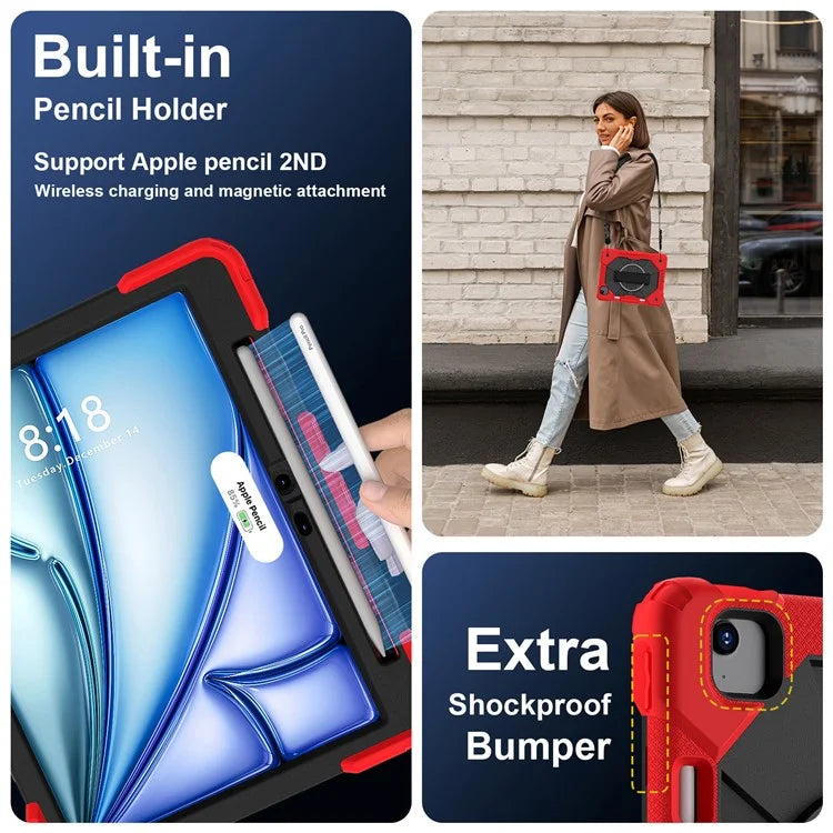 For iPad Air 11 (2024) Case Silicone+PC Kickstand Tablet Cover with Shoulder Strap