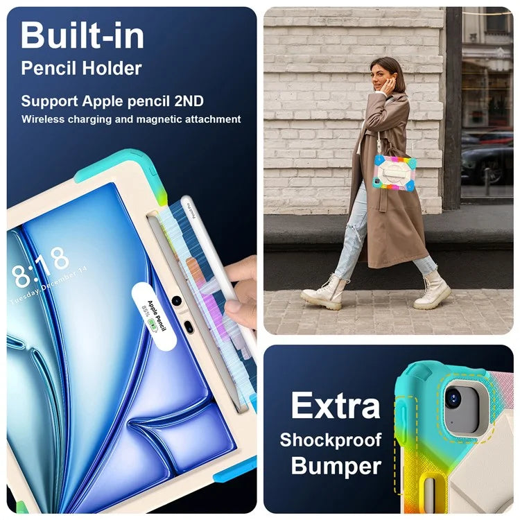 For iPad Air 11 (2024) Case Silicone+PC Kickstand Tablet Cover with Shoulder Strap