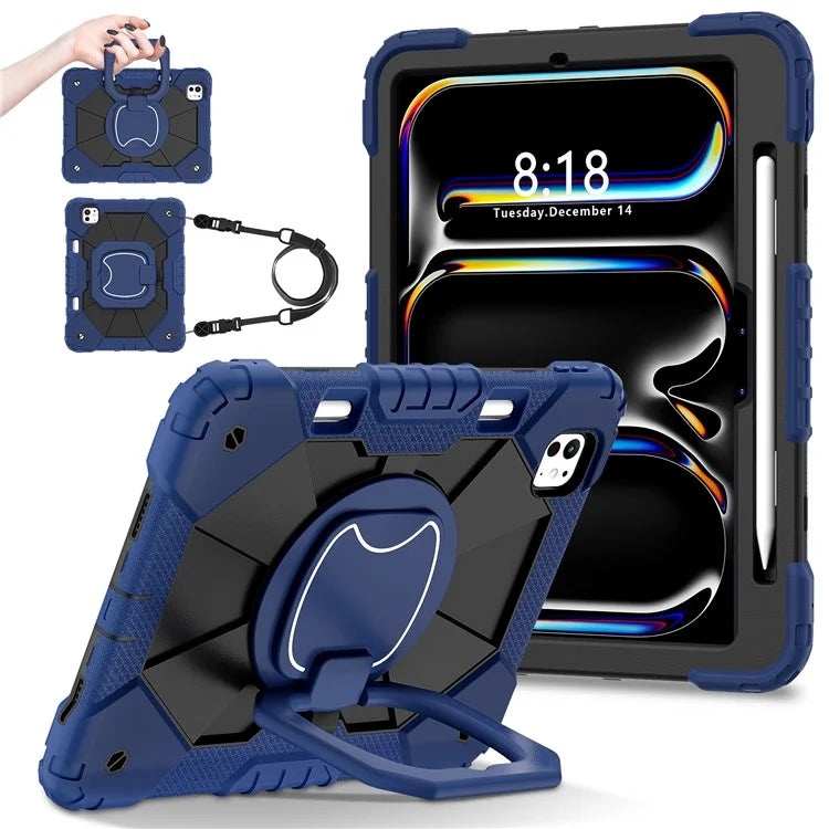 For iPad Pro 11 (2024) Kickstand Case Silicone+PC Tablet Cover with Shoulder Strap