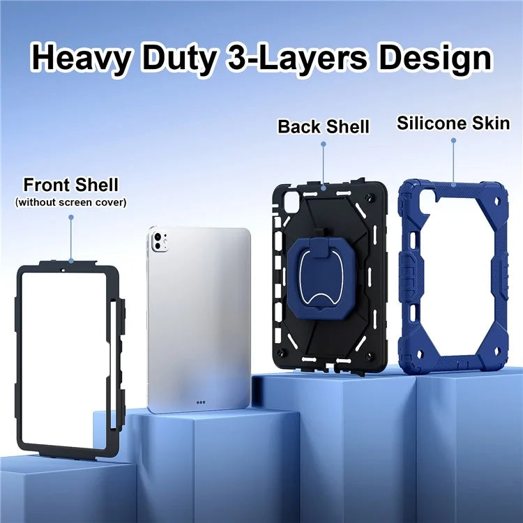 For iPad Pro 11 (2024) Kickstand Case Silicone+PC Tablet Cover with Shoulder Strap