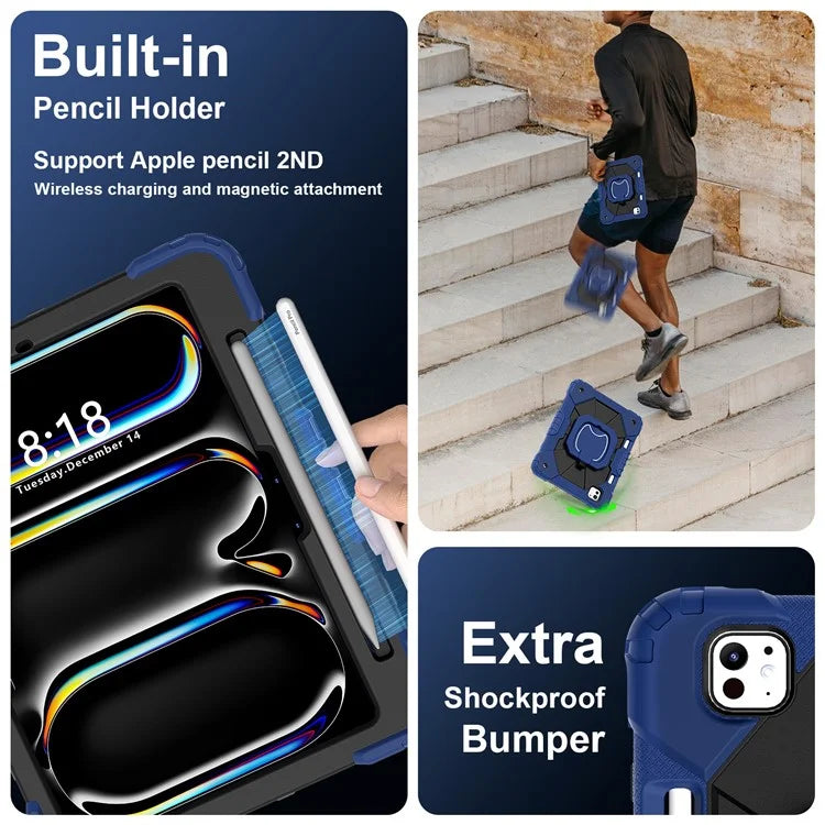 For iPad Pro 11 (2024) Kickstand Case Silicone+PC Tablet Cover with Shoulder Strap