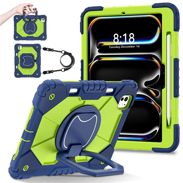 For iPad Pro 11 (2024) Kickstand Case Silicone+PC Tablet Cover with Shoulder Strap