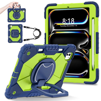 For iPad Pro 11 (2024) Kickstand Case Silicone+PC Tablet Cover with Shoulder Strap
