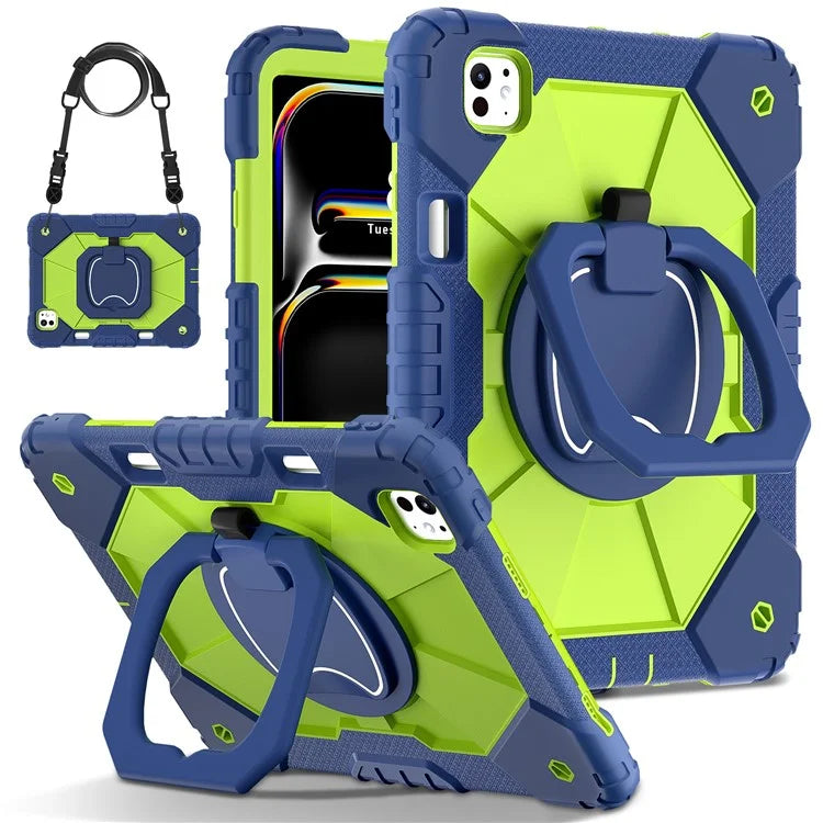 For iPad Pro 11 (2024) Kickstand Case Silicone+PC Tablet Cover with Shoulder Strap