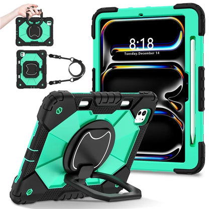 For iPad Pro 11 (2024) Kickstand Case Silicone+PC Tablet Cover with Shoulder Strap
