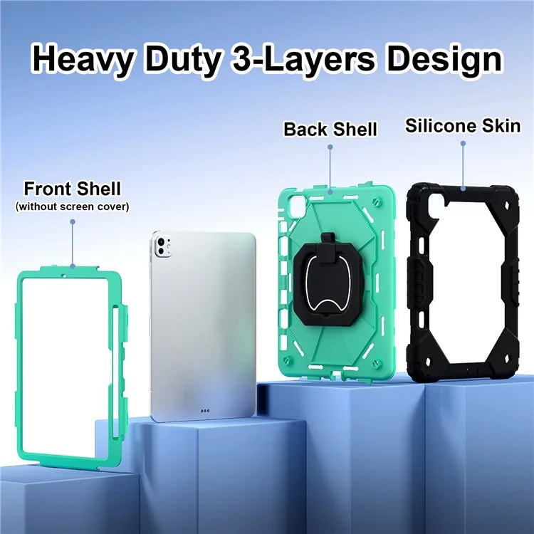 For iPad Pro 11 (2024) Kickstand Case Silicone+PC Tablet Cover with Shoulder Strap