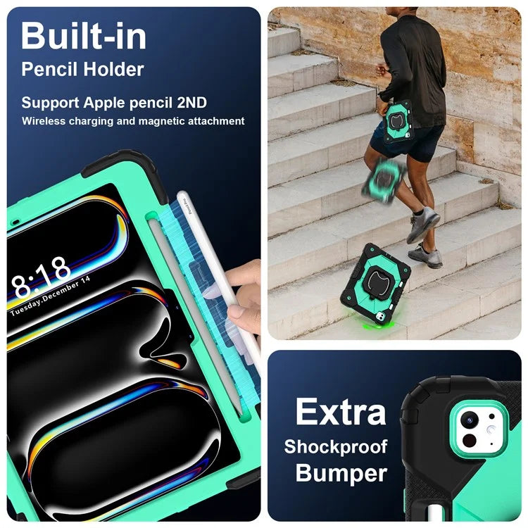 For iPad Pro 11 (2024) Kickstand Case Silicone+PC Tablet Cover with Shoulder Strap