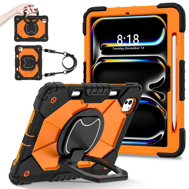 For iPad Pro 11 (2024) Kickstand Case Silicone+PC Tablet Cover with Shoulder Strap