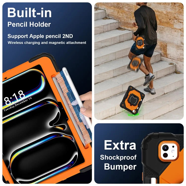 For iPad Pro 11 (2024) Kickstand Case Silicone+PC Tablet Cover with Shoulder Strap