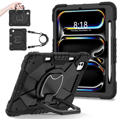 For iPad Pro 11 (2024) Kickstand Case Silicone+PC Tablet Cover with Shoulder Strap
