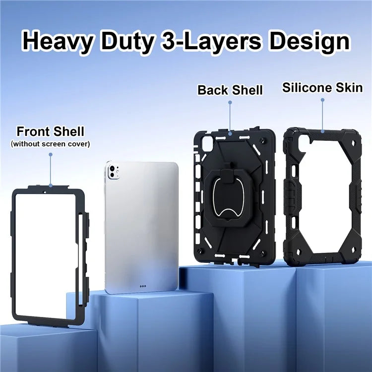 For iPad Pro 11 (2024) Kickstand Case Silicone+PC Tablet Cover with Shoulder Strap