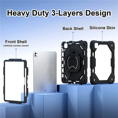 For iPad Pro 11 (2024) Kickstand Case Silicone+PC Tablet Cover with Shoulder Strap