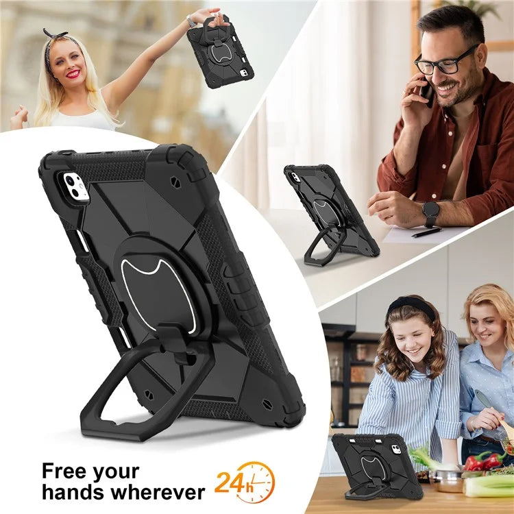 For iPad Pro 11 (2024) Kickstand Case Silicone+PC Tablet Cover with Shoulder Strap