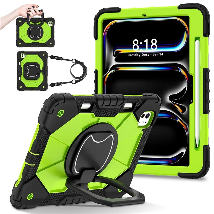 For iPad Pro 11 (2024) Kickstand Case Silicone+PC Tablet Cover with Shoulder Strap