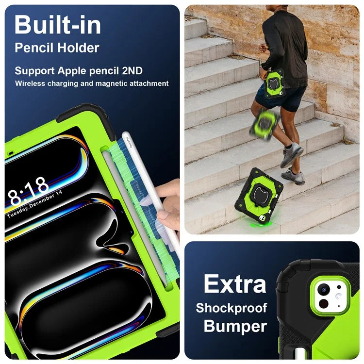 For iPad Pro 11 (2024) Kickstand Case Silicone+PC Tablet Cover with Shoulder Strap