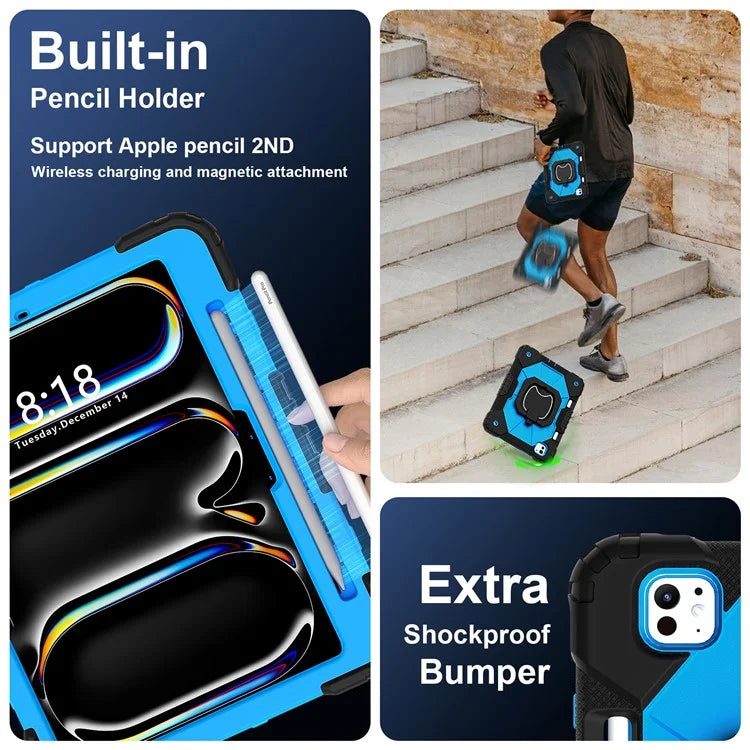 For iPad Pro 11 (2024) Kickstand Case Silicone+PC Tablet Cover with Shoulder Strap