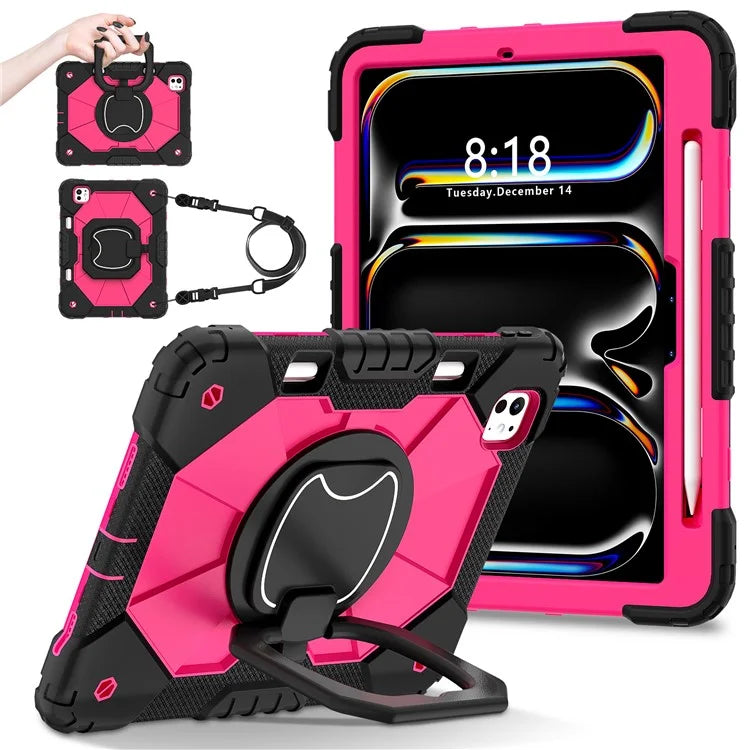 For iPad Pro 11 (2024) Kickstand Case Silicone+PC Tablet Cover with Shoulder Strap