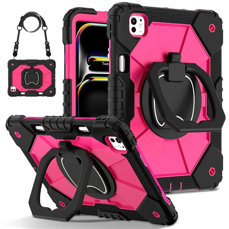 For iPad Pro 11 (2024) Kickstand Case Silicone+PC Tablet Cover with Shoulder Strap