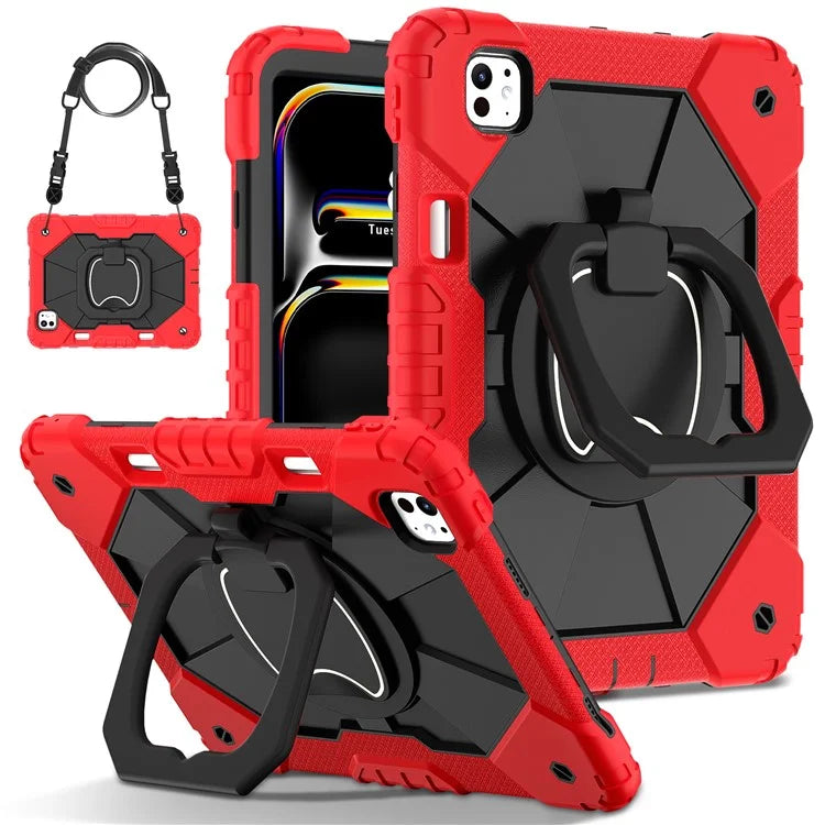 For iPad Pro 11 (2024) Kickstand Case Silicone+PC Tablet Cover with Shoulder Strap