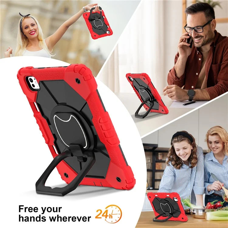 For iPad Pro 11 (2024) Kickstand Case Silicone+PC Tablet Cover with Shoulder Strap
