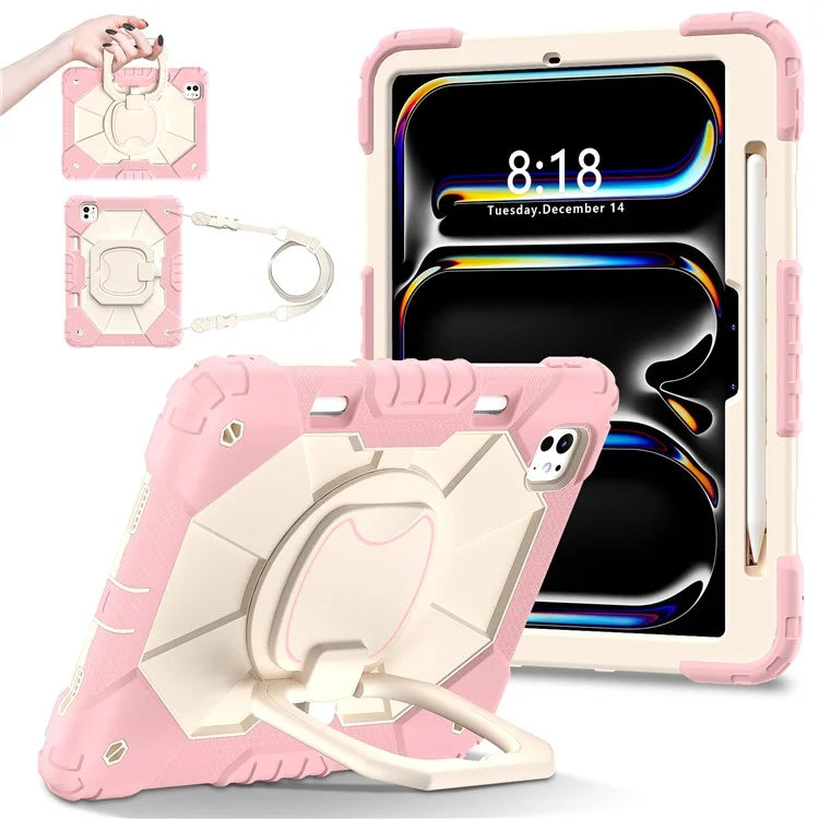 For iPad Pro 11 (2024) Kickstand Case Silicone+PC Tablet Cover with Shoulder Strap