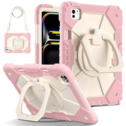 For iPad Pro 11 (2024) Kickstand Case Silicone+PC Tablet Cover with Shoulder Strap