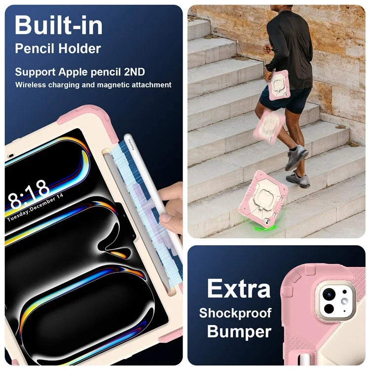 For iPad Pro 11 (2024) Kickstand Case Silicone+PC Tablet Cover with Shoulder Strap