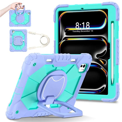 For iPad Pro 11 (2024) Kickstand Case Silicone+PC Tablet Cover with Shoulder Strap