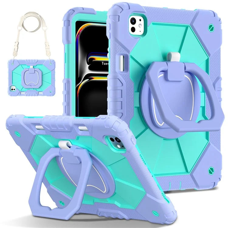 For iPad Pro 11 (2024) Kickstand Case Silicone+PC Tablet Cover with Shoulder Strap