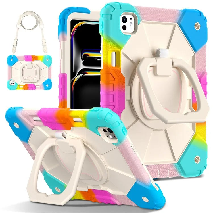 For iPad Pro 11 (2024) Kickstand Case Silicone+PC Tablet Cover with Shoulder Strap