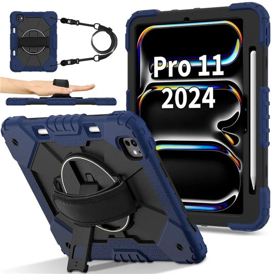 For iPad Pro 11 (2024) Case Kickstand Silicone+PC Tablet Cover with Shoulder Strap