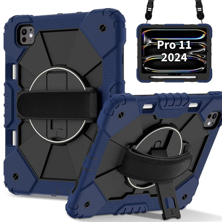For iPad Pro 11 (2024) Case Kickstand Silicone+PC Tablet Cover with Shoulder Strap