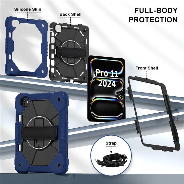 For iPad Pro 11 (2024) Case Kickstand Silicone+PC Tablet Cover with Shoulder Strap