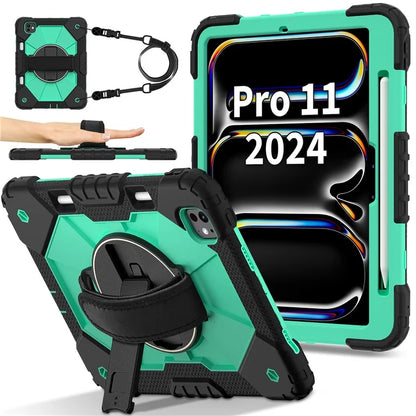 For iPad Pro 11 (2024) Case Kickstand Silicone+PC Tablet Cover with Shoulder Strap