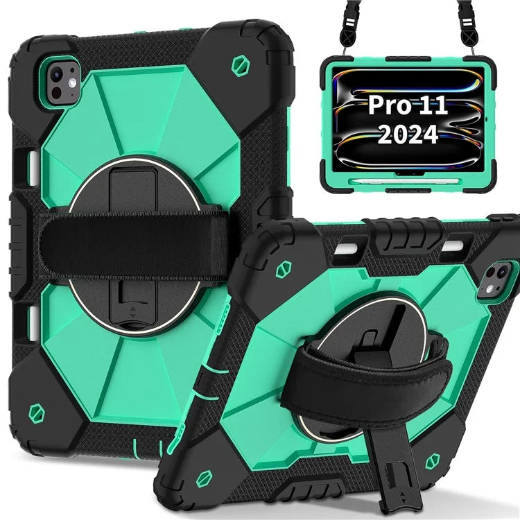 For iPad Pro 11 (2024) Case Kickstand Silicone+PC Tablet Cover with Shoulder Strap